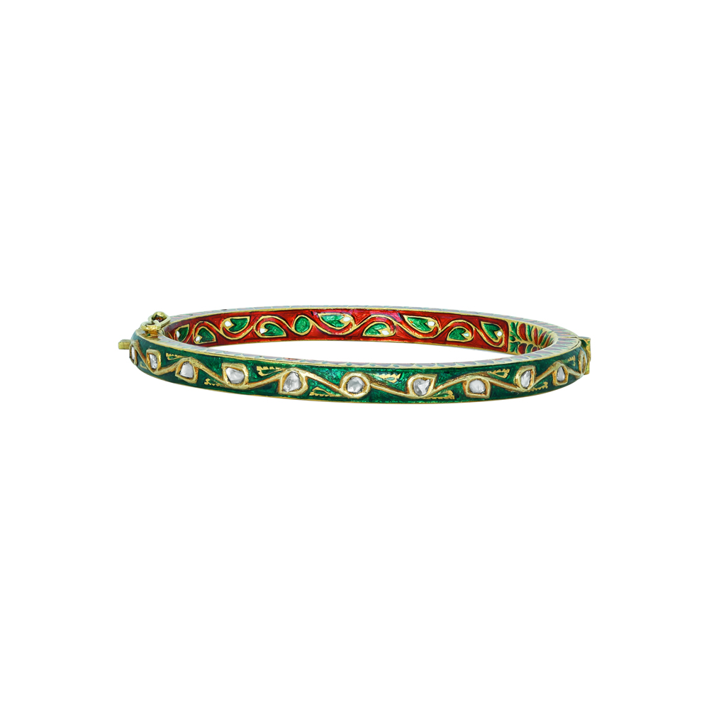 Polki Bangle with Green and Red Enamel Floral Design